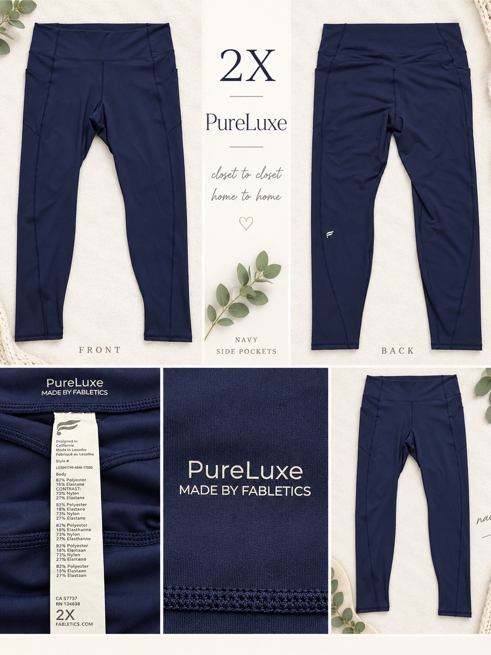 Fabletics PureLuxe Navy Kids Leggings with Side Pockets - 2X EUC